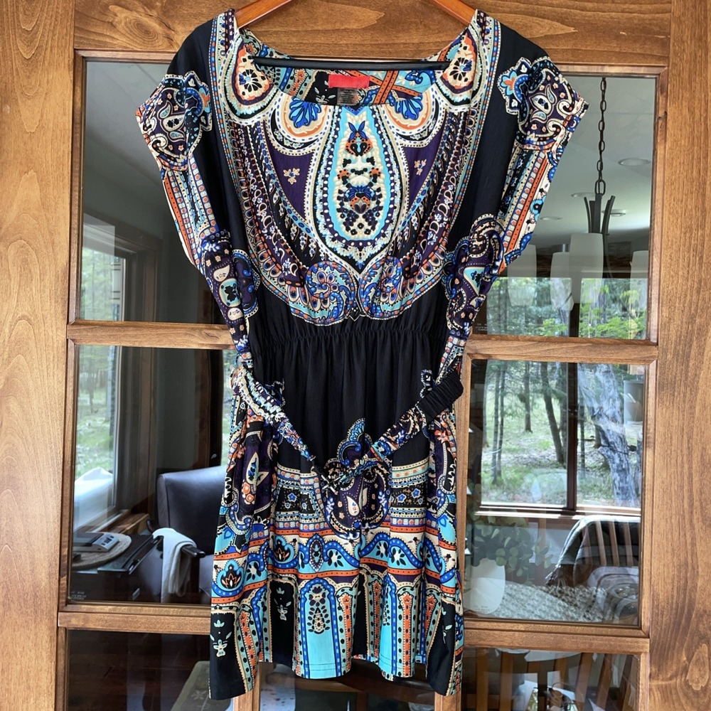 Love Notes Belted Tunic Top Size Medium Fiesta Colorful Art Boho Hippie